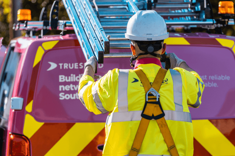 One of Truespeed's fibre engineers takes his ladder down as he prepares to connect another customer to our growing network