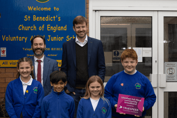 Truespeed's CEO at St Benedict's school. Truespeed have connected this school to free broadband for life as part of our community first approach