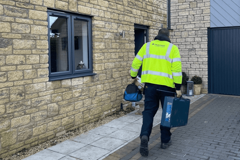 A Truespeed engineer arriving at a customers home on instillation day. Unlike many other broadband providers, we need to send an engineer out to your home to connect you up to our full-fibre network. Instillations can take around 90 minuets