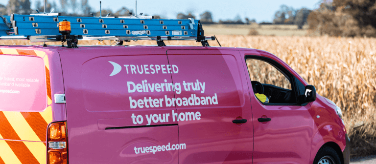 One of Truespeed's eye-catching pink vans on the way to connect another customer to their ultrafast full-fibre network