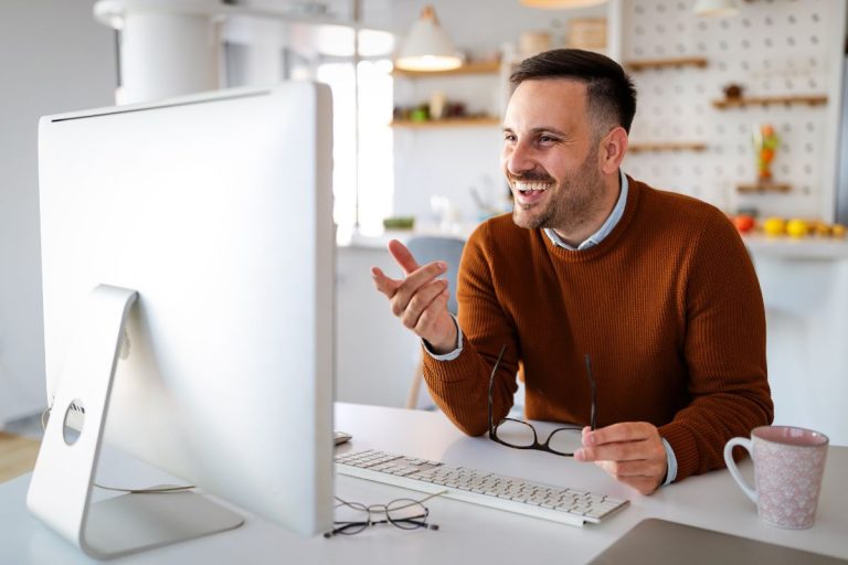 A man on a work call enjoy ultrafast connectivity with Truespeed full-fibre